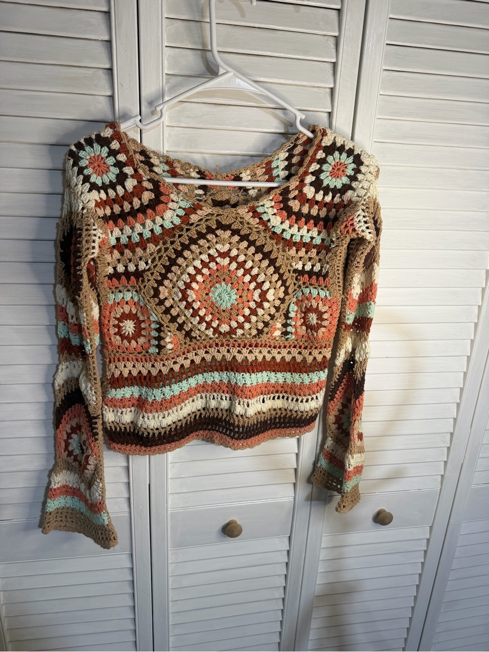 Handmade Crochet Multi-Color Women’s Sweater - Cream, Brown & Coral